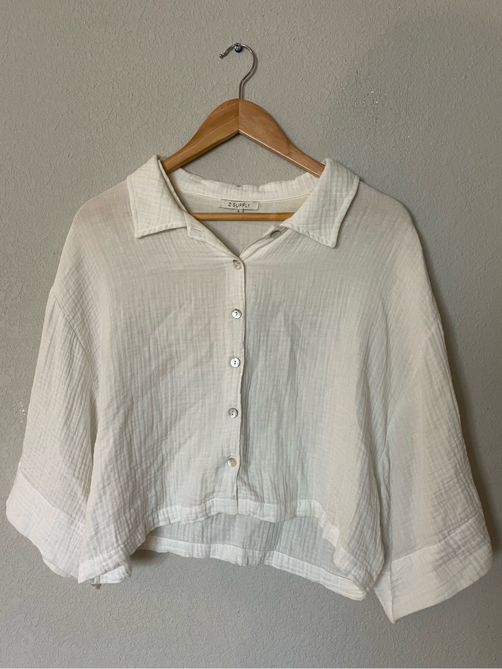 Z Supply White Gauze Button-Front Collared Crop Blouse Dolman Sleeve Boho Summer - Picture 4 of 7